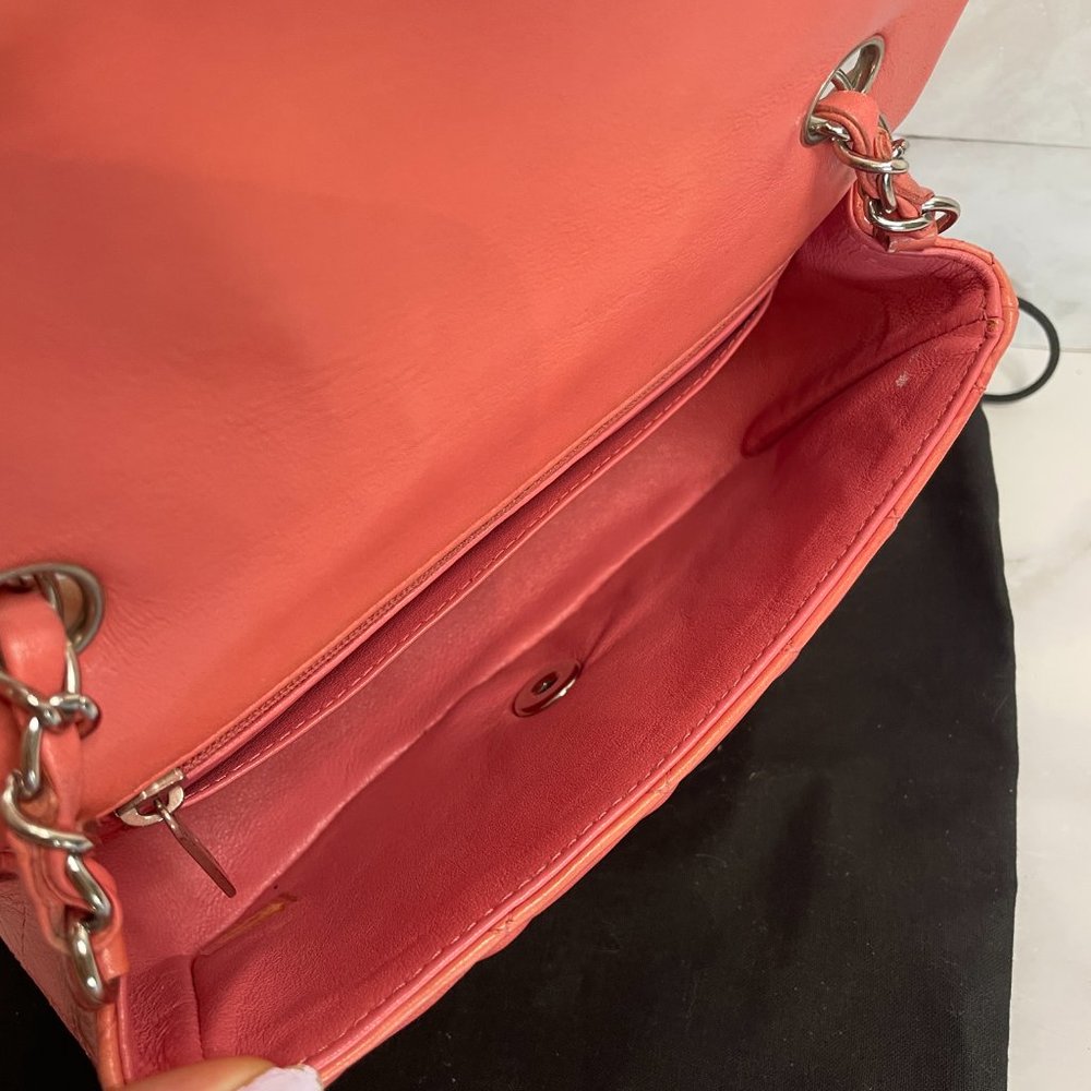 Chanel Mini Classic Flap Pink Coral Orange Lambskin Rectangular Crossbody Silver - Picture 15 of 15
